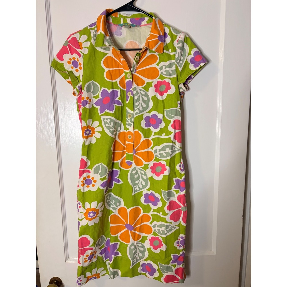 Boden WH250 Green Floral Cotton Shirt Dress Retro Short Sleeve US 4L UK 8L